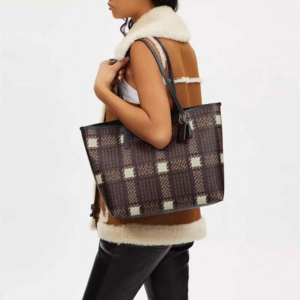 New Coach Brushed Plaid City Tote